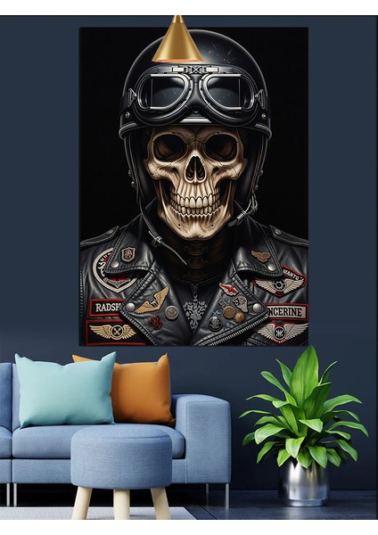 Kasklı Kuru Kafa Resmi Koyu Siyah Dekoratif Kanvas - Mdf Ahşap Tablo fiyatları