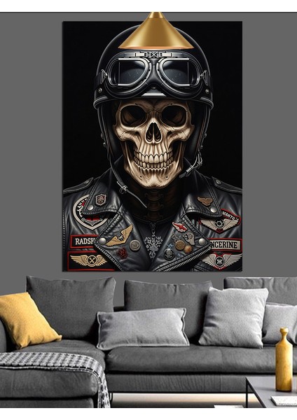 Kasklı Kuru Kafa Resmi Koyu Siyah Dekoratif Kanvas - Mdf Ahşap Tablo fırsatları