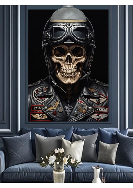 Kasklı Kuru Kafa Resmi Koyu Siyah Dekoratif Kanvas - Mdf Ahşap Tablo indirimleri