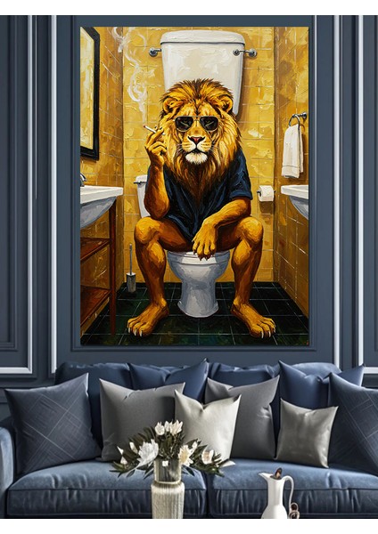 Aslan Lavaboda Dekoratif Kanvas - Mdf Ahşap Tablo