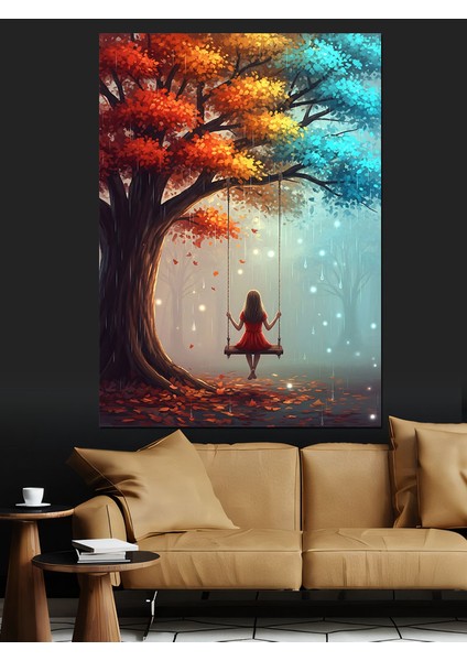 Kırmızı Elbise Salıngaç Ağaç Manzarası Dekoratif Kanvas - Mdf Ahşap Tablo