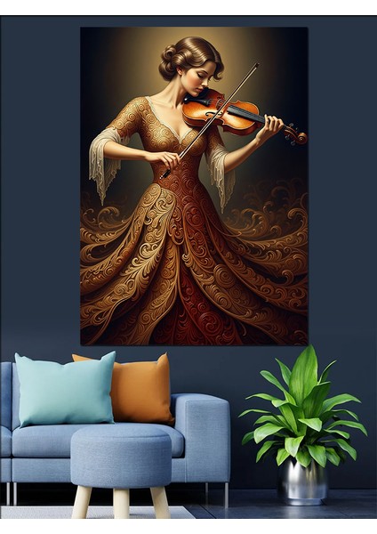 Kırmızı Elbiseli Kemancı Kadın Dekoratif Kanvas - Mdf Ahşap Tablo