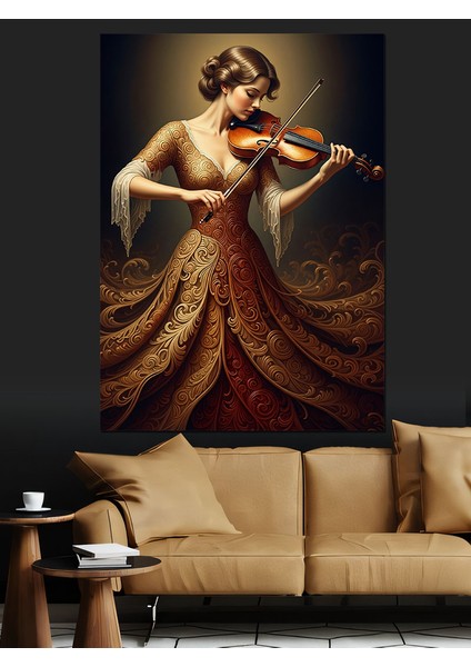 Kırmızı Elbiseli Kemancı Kadın Dekoratif Kanvas - Mdf Ahşap Tablo fiyatları
