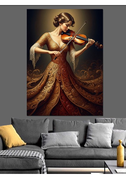 Kırmızı Elbiseli Kemancı Kadın Dekoratif Kanvas - Mdf Ahşap Tablo fırsatları