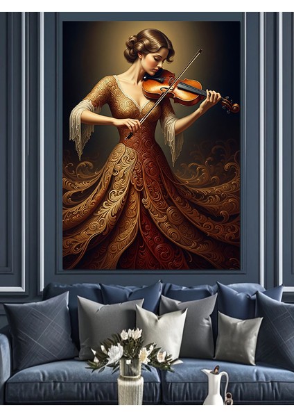 Kırmızı Elbiseli Kemancı Kadın Dekoratif Kanvas - Mdf Ahşap Tablo indirimleri