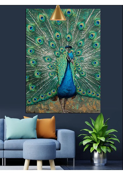 Tavus Kuşu Tüyler Mavi Yeşil Dekoratif Kanvas - Mdf Ahşap Tablo