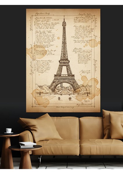 Eyfel Kulesi Sepya Eskiz Dekoratif Kanvas - Mdf Ahşap Tablo