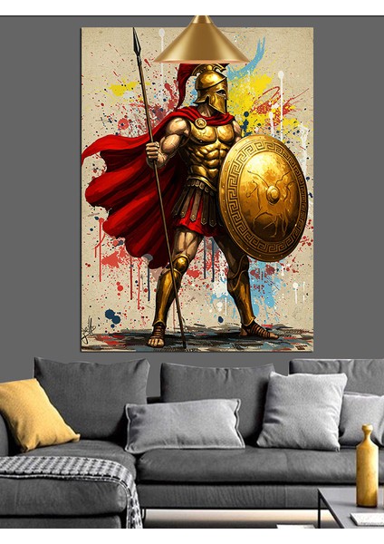 Roma Savaşçısı Mızrak Kalkan Kırmızı Pelerin Dekoratif Kanvas - Mdf Ahşap Tablo