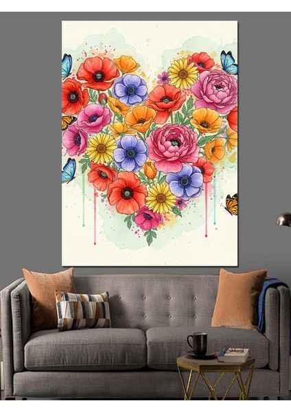 Kalp Şeklinde Çiçek Buketi Dekoratif Kanvas - Mdf Ahşap Tablo