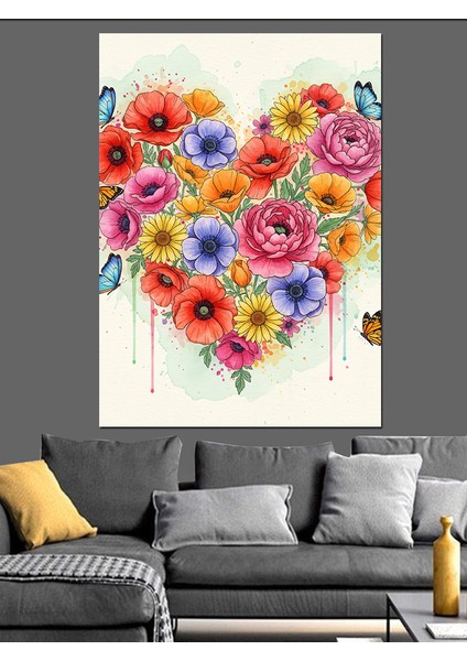 Kalp Şeklinde Çiçek Buketi Dekoratif Kanvas - Mdf Ahşap Tablo fiyatları