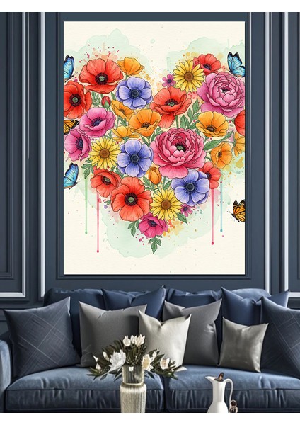 Kalp Şeklinde Çiçek Buketi Dekoratif Kanvas - Mdf Ahşap Tablo modelleri