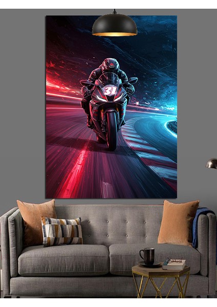 Motorsikletli Adam Gece Şehir Dekoratif Kanvas - Mdf Ahşap Tablo