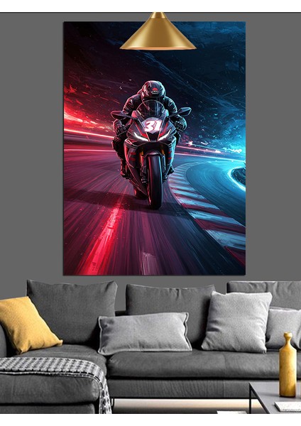 Motorsikletli Adam Gece Şehir Dekoratif Kanvas - Mdf Ahşap Tablo fırsatları