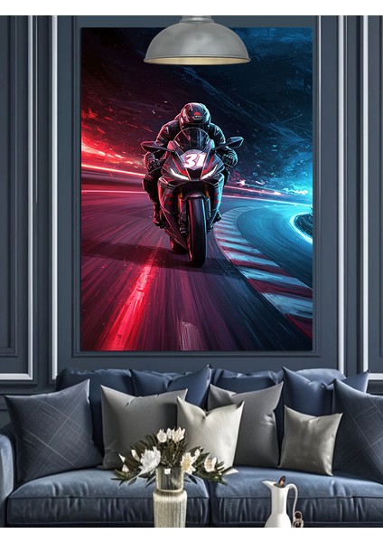 Motorsikletli Adam Gece Şehir Dekoratif Kanvas - Mdf Ahşap Tablo indirimleri