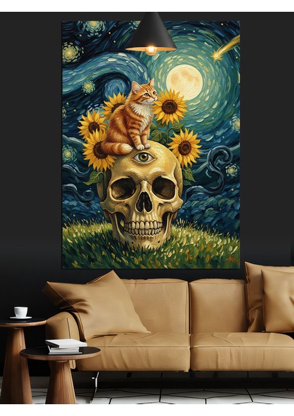 Kuru Kafa Ayçiçekleri Iskelet ve Sarı Kedi Dekoratif Kanvas - Mdf Ahşap Tablo