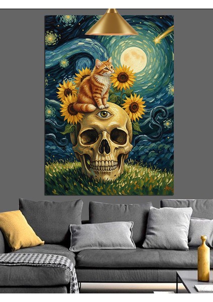Kuru Kafa Ayçiçekleri Iskelet ve Sarı Kedi Dekoratif Kanvas - Mdf Ahşap Tablo fiyatları