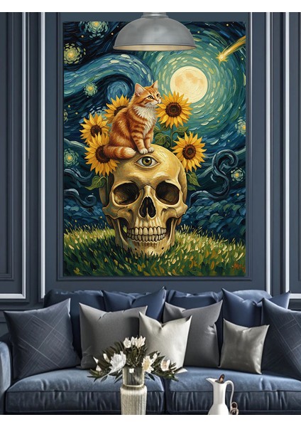 Kuru Kafa Ayçiçekleri Iskelet ve Sarı Kedi Dekoratif Kanvas - Mdf Ahşap Tablo modelleri
