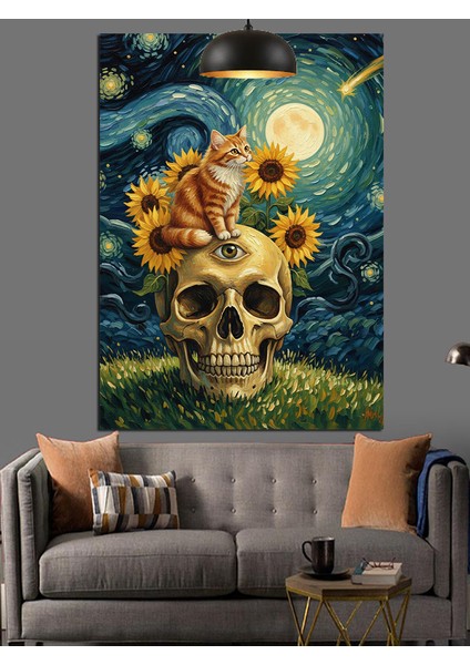 Kuru Kafa Ayçiçekleri Iskelet ve Sarı Kedi Dekoratif Kanvas - Mdf Ahşap Tablo fırsatları