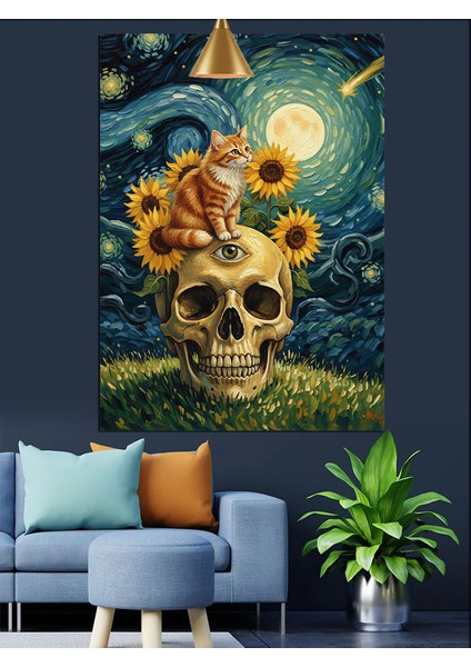 Kuru Kafa Ayçiçekleri Iskelet ve Sarı Kedi Dekoratif Kanvas - Mdf Ahşap Tablo indirimleri