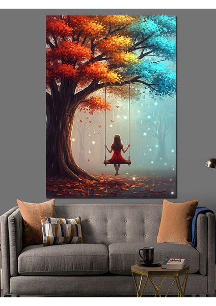 Kırmızı Elbise Salıngaç Ağaç Manzarası Dekoratif Kanvas - Mdf Ahşap Tablo fiyatları