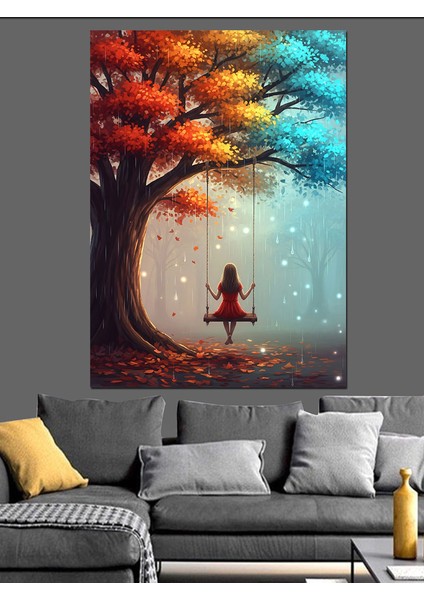 Kırmızı Elbise Salıngaç Ağaç Manzarası Dekoratif Kanvas - Mdf Ahşap Tablo modelleri
