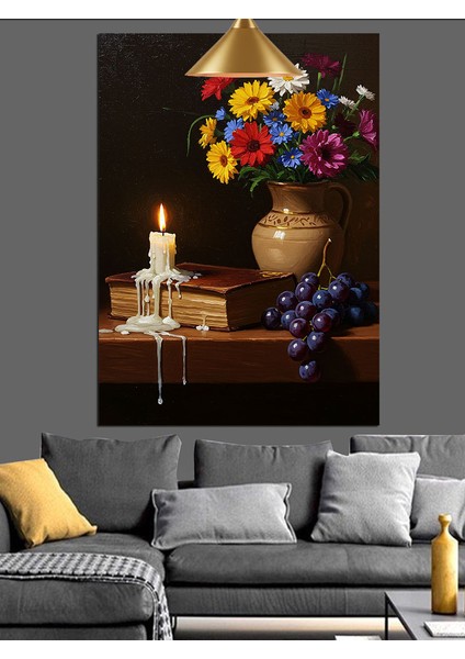 Mum Işığında Renkli Çiçek Vazosu ve Üzüm Dekoratif Kanvas - Mdf Ahşap Tablo fiyatları