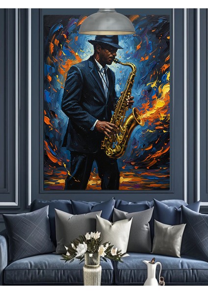 Saksafon Çalan Blues Adam Dekoratif Kanvas - Mdf Ahşap Tablo
