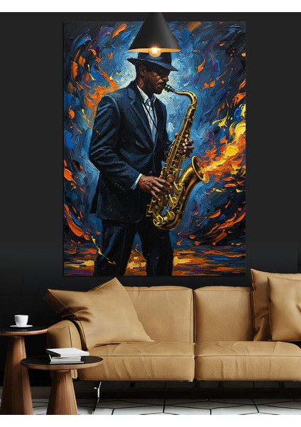 Saksafon Çalan Blues Adam Dekoratif Kanvas - Mdf Ahşap Tablo fırsatları