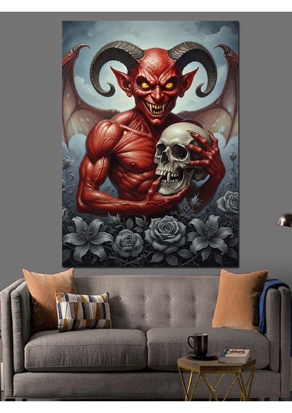 Kırmızı Şeytan Boynuzlu Yaratık Dekoratif Kanvas - Mdf Ahşap Tablo
