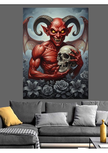 Kırmızı Şeytan Boynuzlu Yaratık Dekoratif Kanvas - Mdf Ahşap Tablo fiyatları