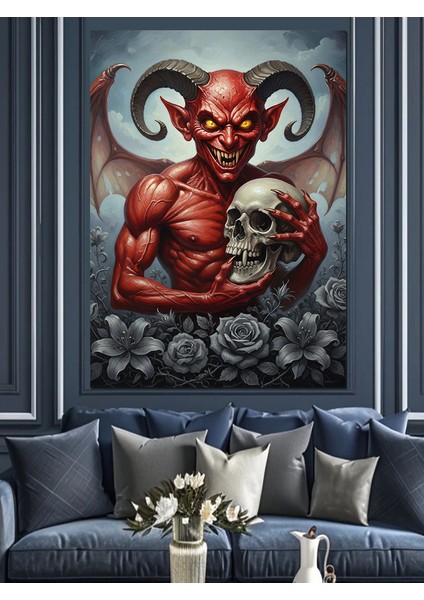 Kırmızı Şeytan Boynuzlu Yaratık Dekoratif Kanvas - Mdf Ahşap Tablo modelleri