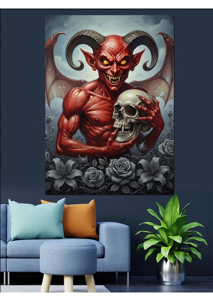 Kırmızı Şeytan Boynuzlu Yaratık Dekoratif Kanvas - Mdf Ahşap Tablo fırsatları