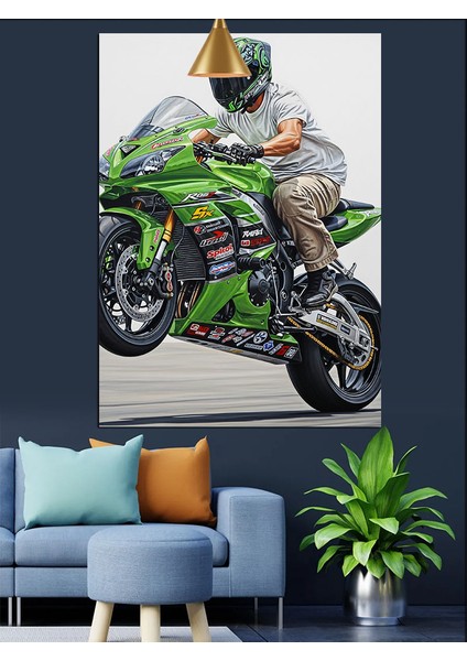 Yeşil Yarış Motosikleti Dekoratif Kanvas - Mdf Ahşap Tablo