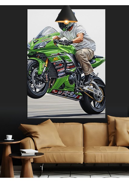 Yeşil Yarış Motosikleti Dekoratif Kanvas - Mdf Ahşap Tablo fiyatları