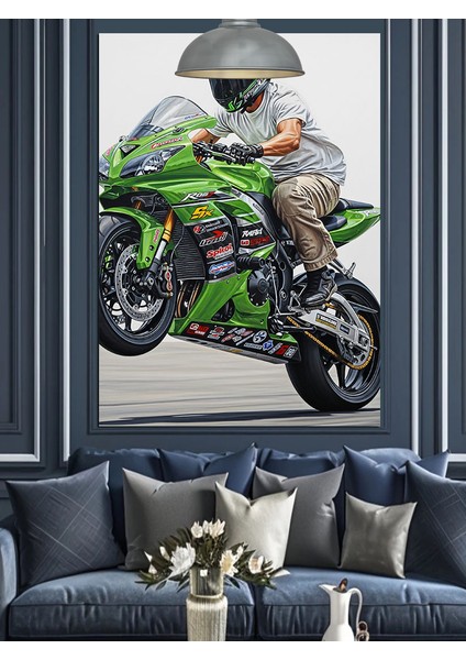 Yeşil Yarış Motosikleti Dekoratif Kanvas - Mdf Ahşap Tablo fırsatları