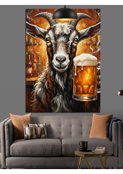 Bira Içen Keçi Portresi Dekoratif Kanvas - Mdf Ahşap Tablo