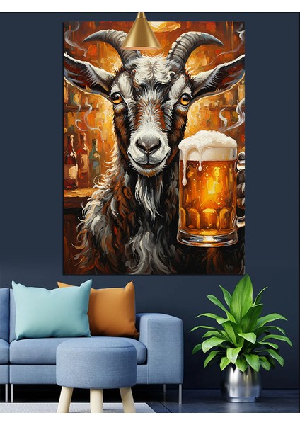 Bira Içen Keçi Portresi Dekoratif Kanvas - Mdf Ahşap Tablo fiyatları