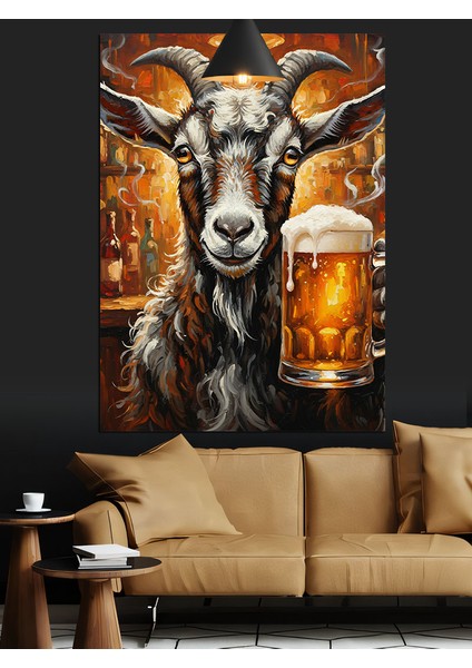 Bira Içen Keçi Portresi Dekoratif Kanvas - Mdf Ahşap Tablo modelleri