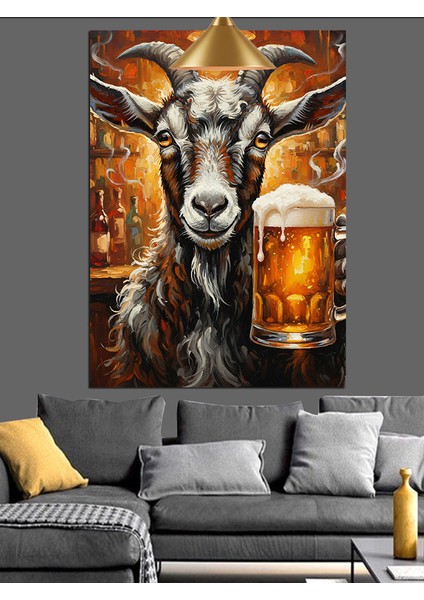 Bira Içen Keçi Portresi Dekoratif Kanvas - Mdf Ahşap Tablo fırsatları