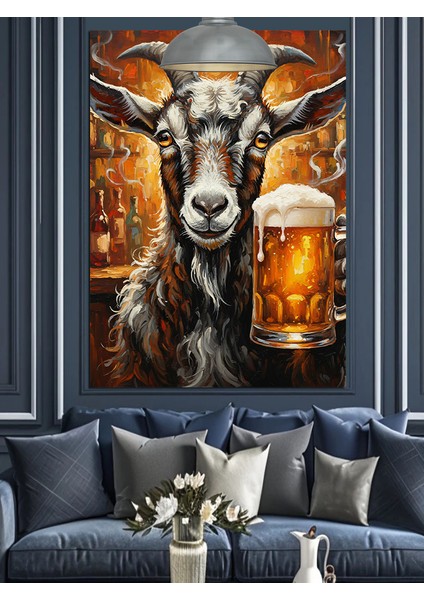 Bira Içen Keçi Portresi Dekoratif Kanvas - Mdf Ahşap Tablo indirimleri