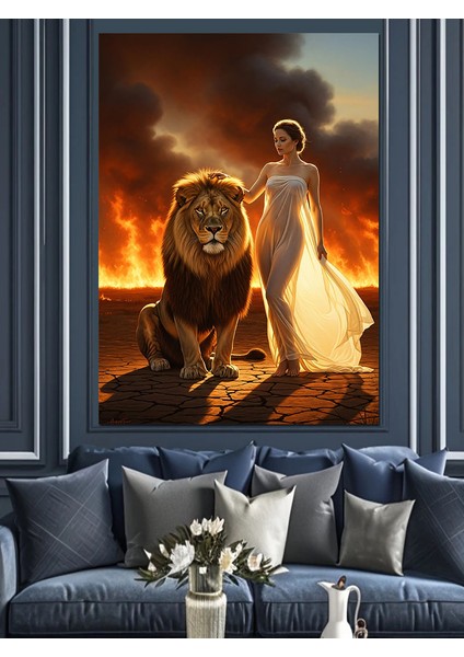 Yatan Aslan Kral ve Kadın Portresi Dekoratif Kanvas - Mdf Ahşap Tablo