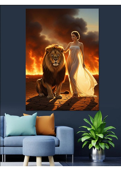 Yatan Aslan Kral ve Kadın Portresi Dekoratif Kanvas - Mdf Ahşap Tablo fiyatları