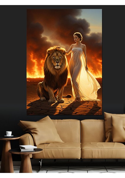 Yatan Aslan Kral ve Kadın Portresi Dekoratif Kanvas - Mdf Ahşap Tablo modelleri