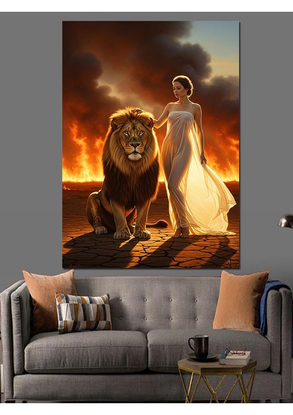 Yatan Aslan Kral ve Kadın Portresi Dekoratif Kanvas - Mdf Ahşap Tablo fırsatları
