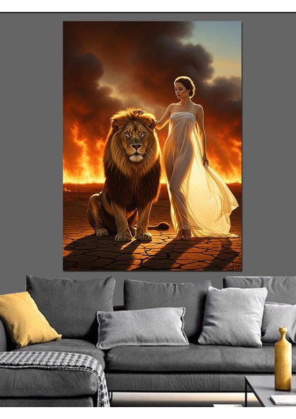 Yatan Aslan Kral ve Kadın Portresi Dekoratif Kanvas - Mdf Ahşap Tablo indirimleri