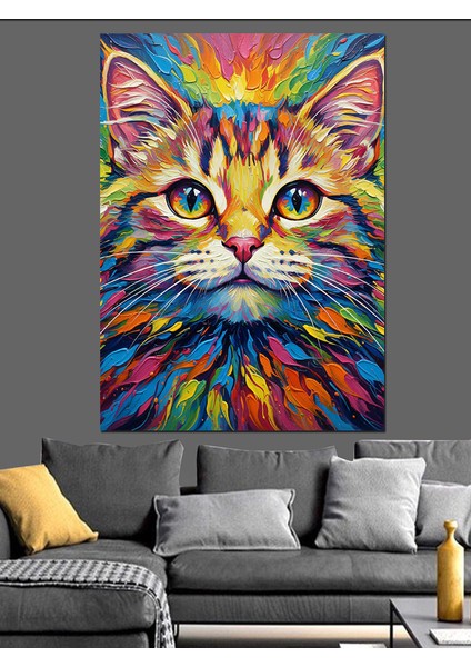 Renkli Gözlü Kedi Portresi Dekoratif Kanvas - Mdf Ahşap Tablo