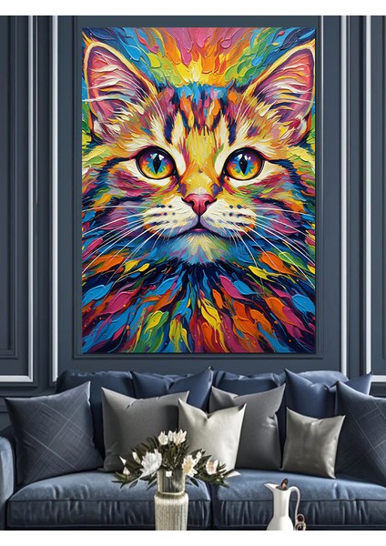 Renkli Gözlü Kedi Portresi Dekoratif Kanvas - Mdf Ahşap Tablo fiyatları
