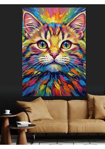 Renkli Gözlü Kedi Portresi Dekoratif Kanvas - Mdf Ahşap Tablo fırsatları
