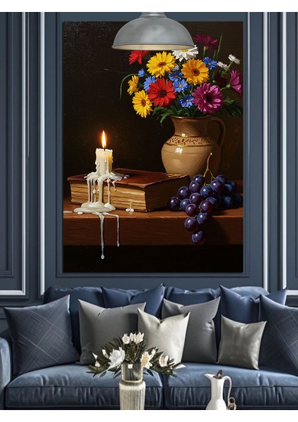 Mum Işığında Renkli Çiçek Vazosu ve Üzüm Dekoratif Kanvas - Mdf Ahşap Tablo modelleri