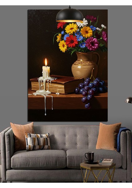 Mum Işığında Renkli Çiçek Vazosu ve Üzüm Dekoratif Kanvas - Mdf Ahşap Tablo fırsatları